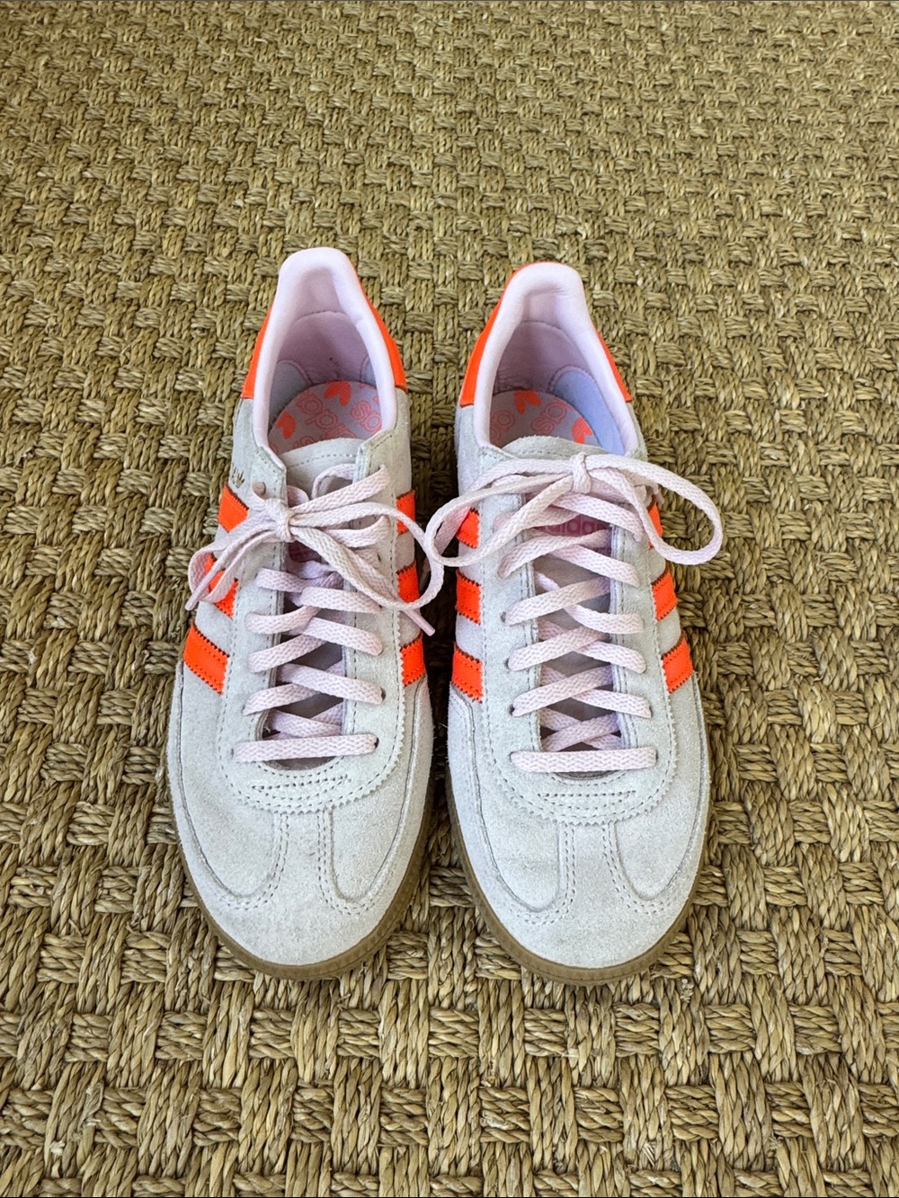 adidas Women's Suede Sneakers in Pale Pink with Bright Orange Stripes